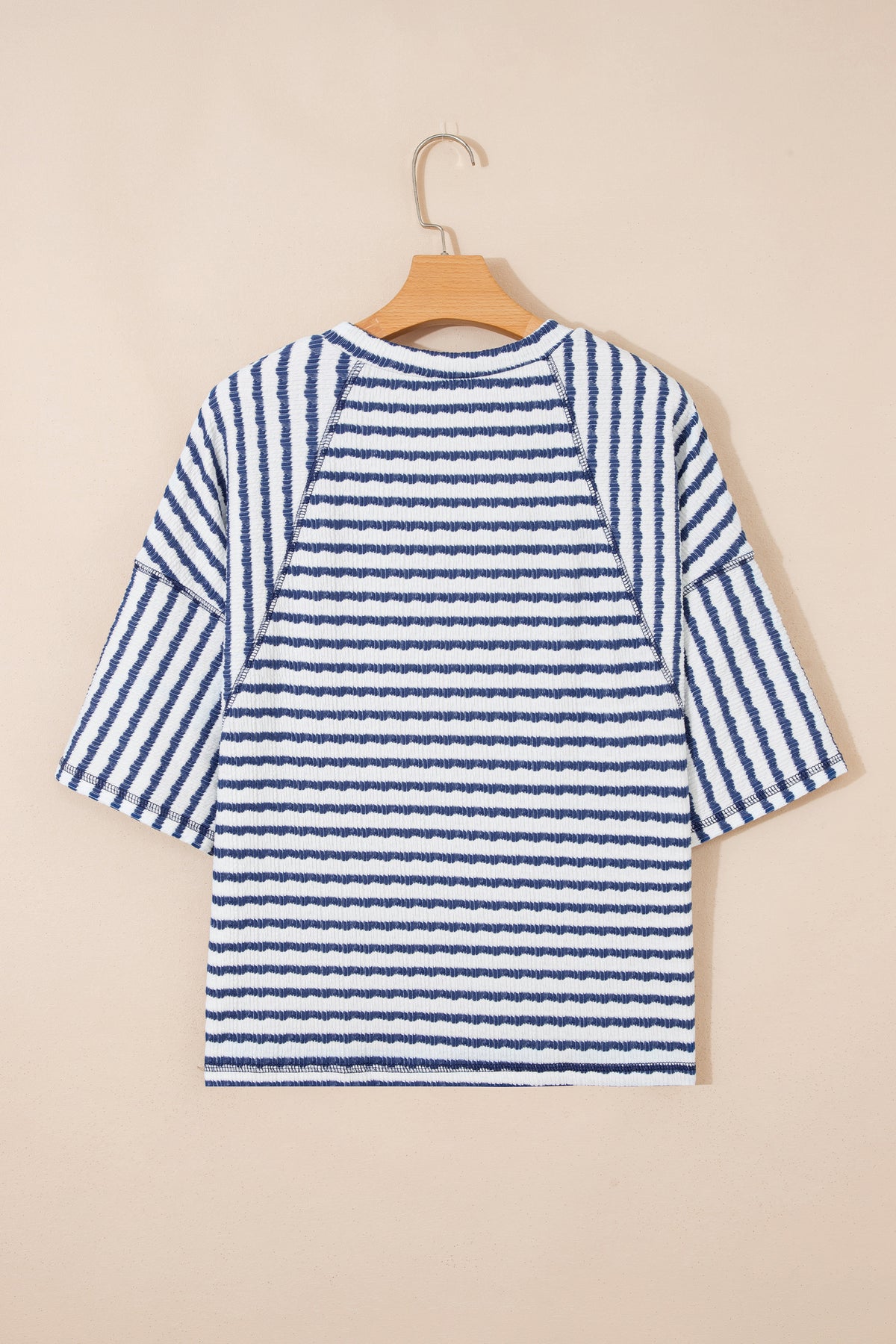 Pink striped textured knit half-sleeve loose top from Dear-Lover, featuring a split hem and relaxed fit in polyester, viscose, and elastane.