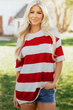 Racing Red Striped Color Block Oversize Tunic Tee by Dear-Lover, featuring bold red, black, and white stripes, cotton blend fabric.