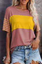 Red Dahlia color block striped detail loose T-shirt from Dear-Lover Dropshipping, showcasing vibrant design and comfortable fit.