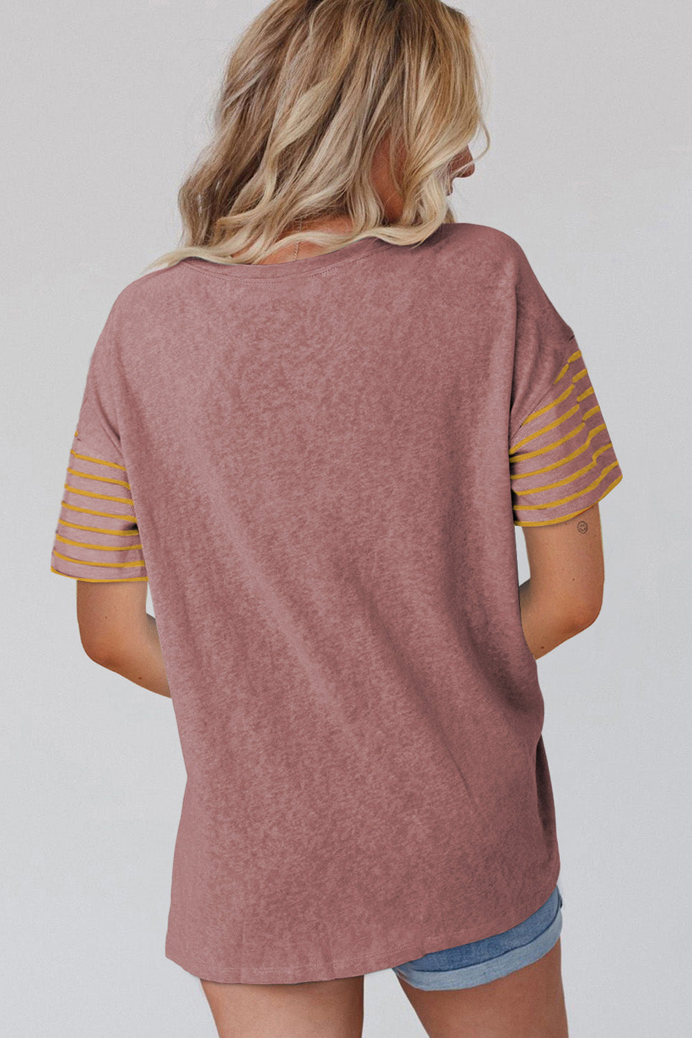Red Dahlia color block striped detail loose T-shirt from Dear-Lover Dropshipping, made of polyester, viscose, and elastane fabric.