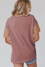 Red Dahlia color block striped detail loose T-shirt from Dear-Lover Dropshipping, made of polyester, viscose, and elastane fabric.