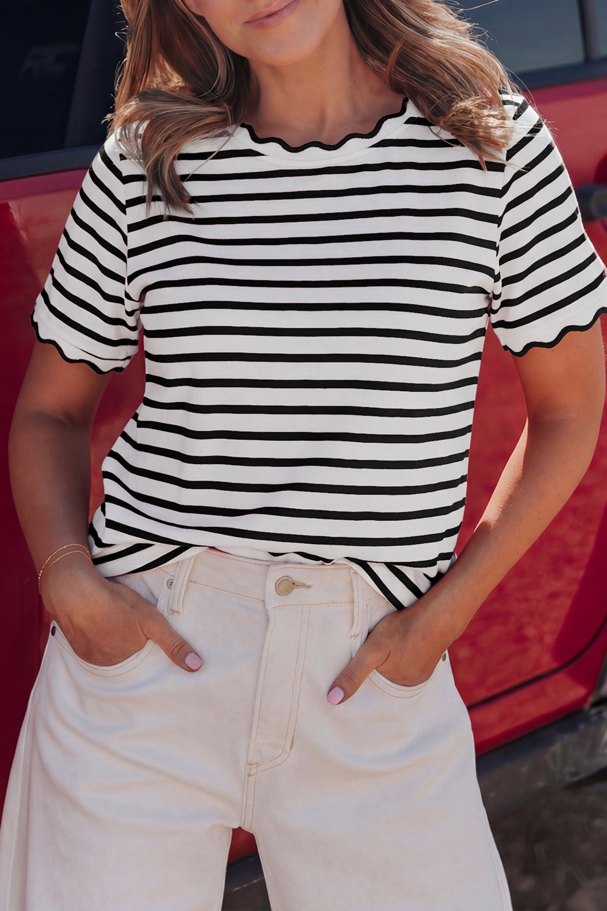 Black stripe scalloped trim round neck T-shirt from Dear-Lover, made of cotton and elastane, with a stylish scalloped neckline.