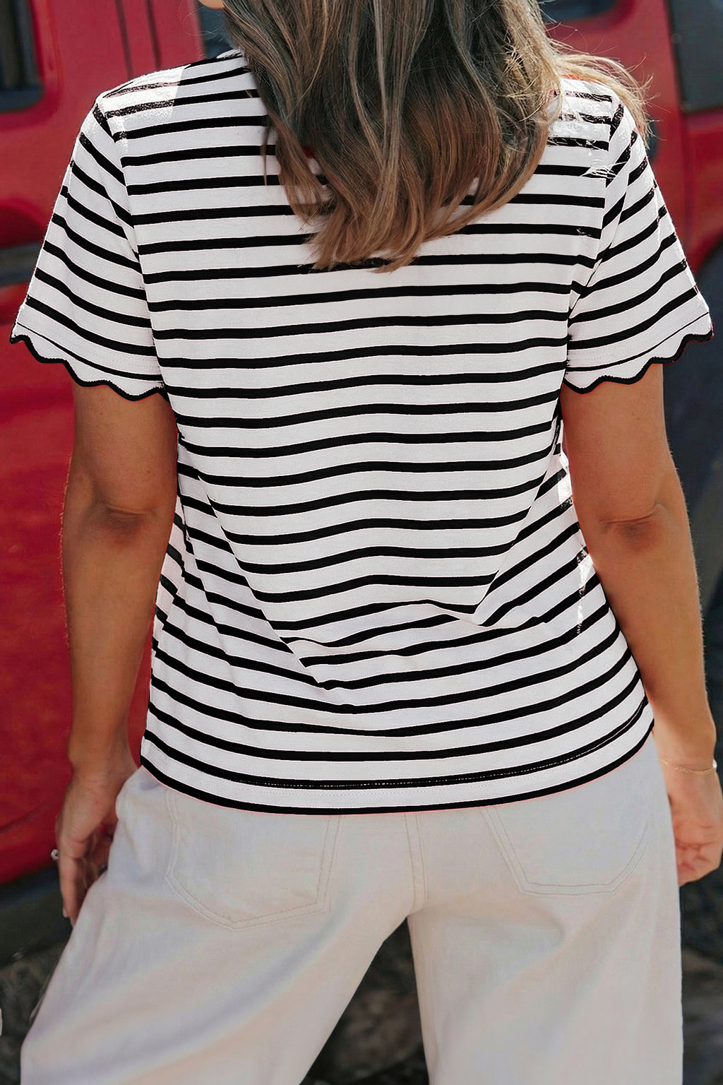 Black stripe scalloped trim round neck T-shirt from Dear-Lover, casual cotton and elastane top with stylish scalloped details.