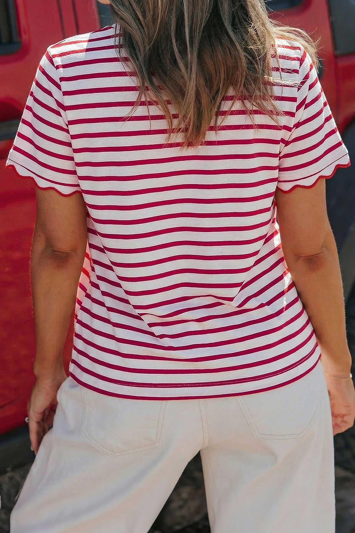 Black stripe scalloped trim round neck T-shirt from Dear-Lover, made of cotton and elastane, shown on a plain background.