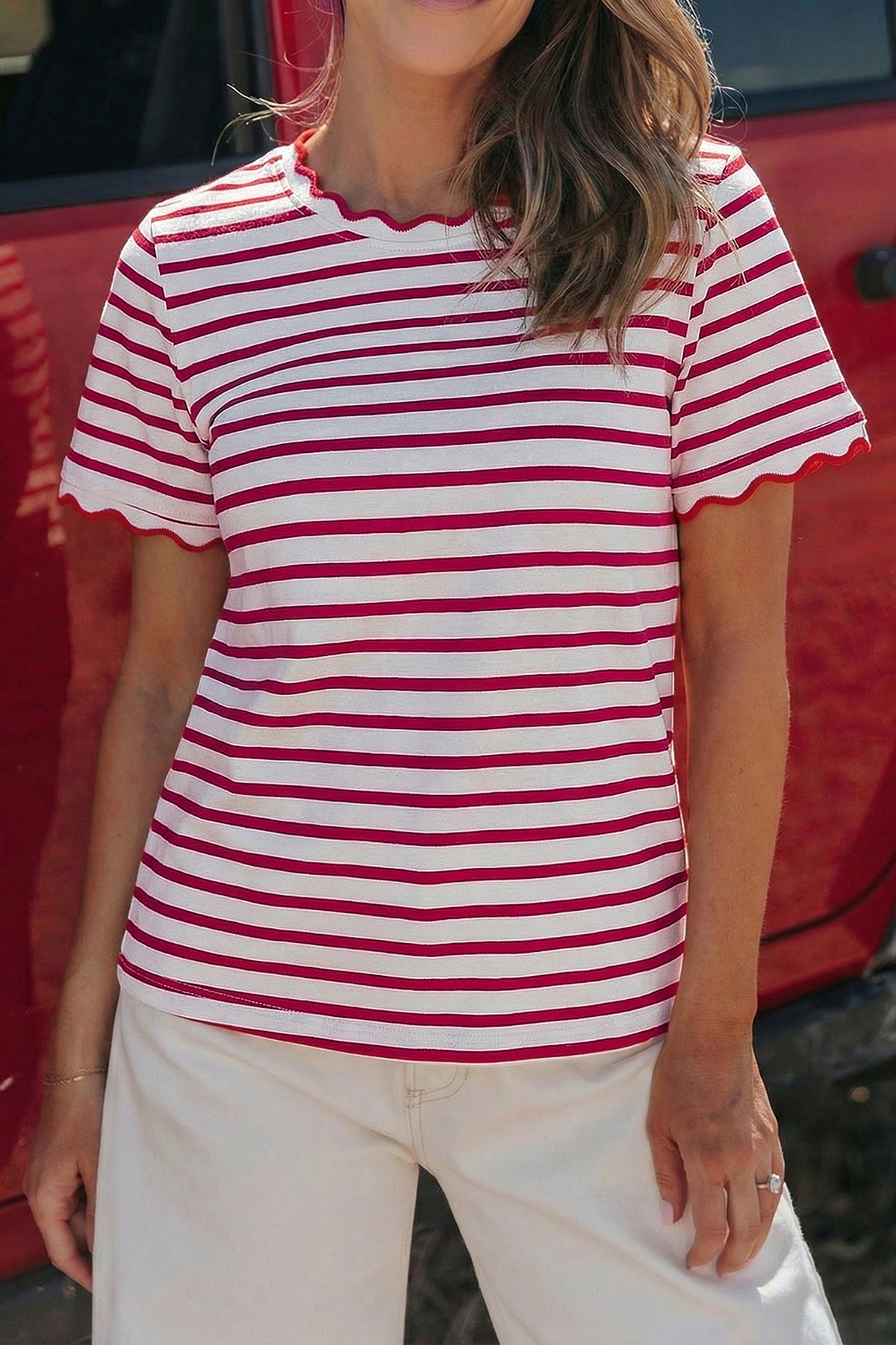 Black stripe scalloped trim round neck T-shirt by Dear-Lover, featuring a stylish design, soft cotton blend, and casual fit.