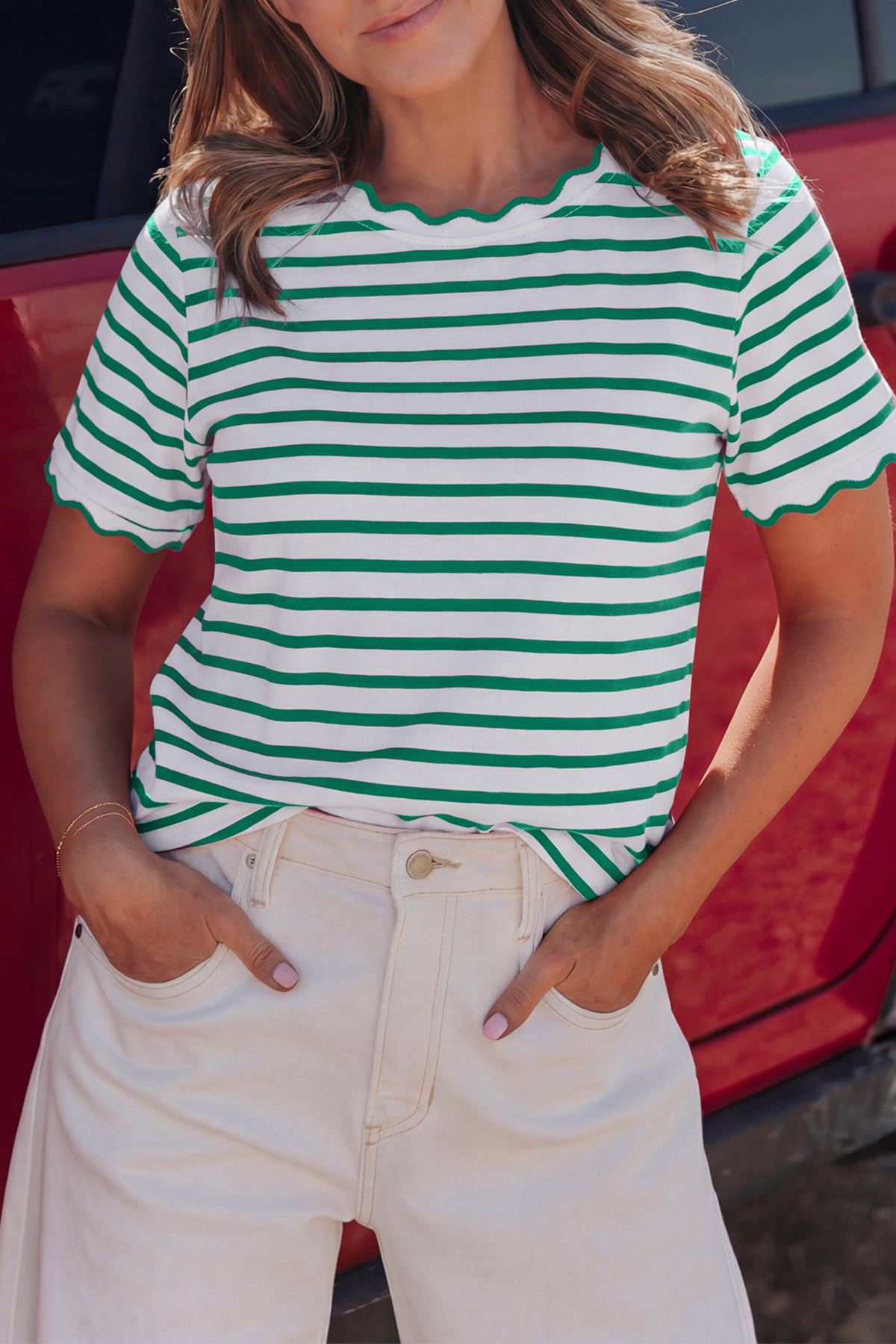 Black Stripe Scalloped Trim Round Neck T-Shirt by Dear-Lover, featuring a stylish scalloped hem and classic stripe pattern.