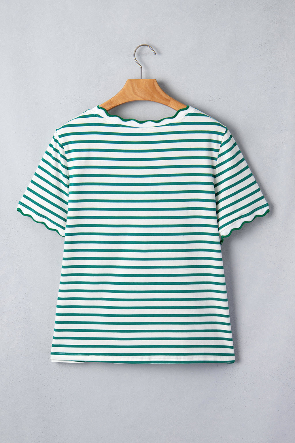 Black stripe scalloped trim round neck T-shirt by Dear-Lover, featuring a stylish design and comfortable cotton-elastane fabric.