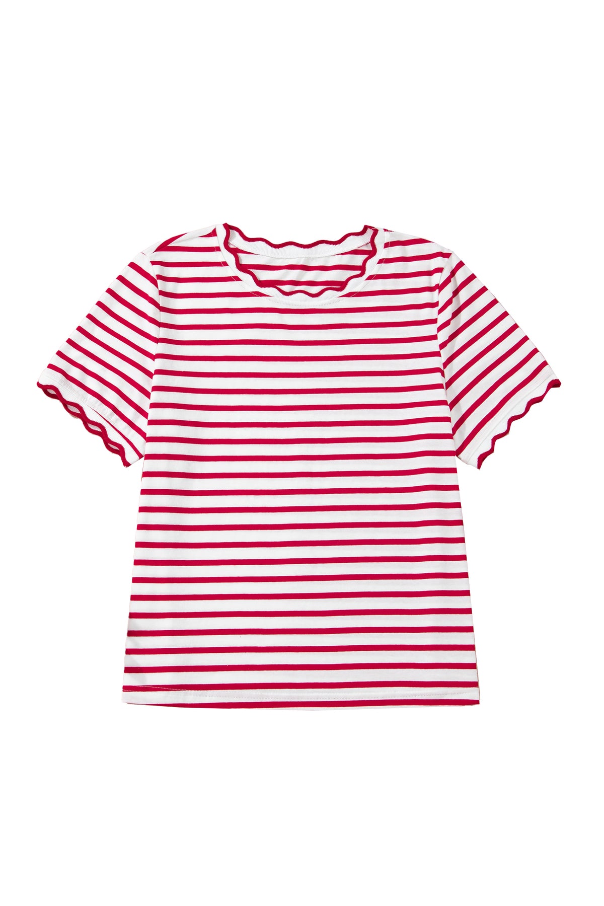 Black stripe scalloped trim round neck T-shirt by Dear-Lover, made of cotton and elastane, featuring a stylish scalloped neckline.