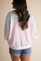 Red striped Dear-Lover casual oversize dolman sleeve patchwork T-shirt made of 95% cotton and 5% elastane, relaxed fit.