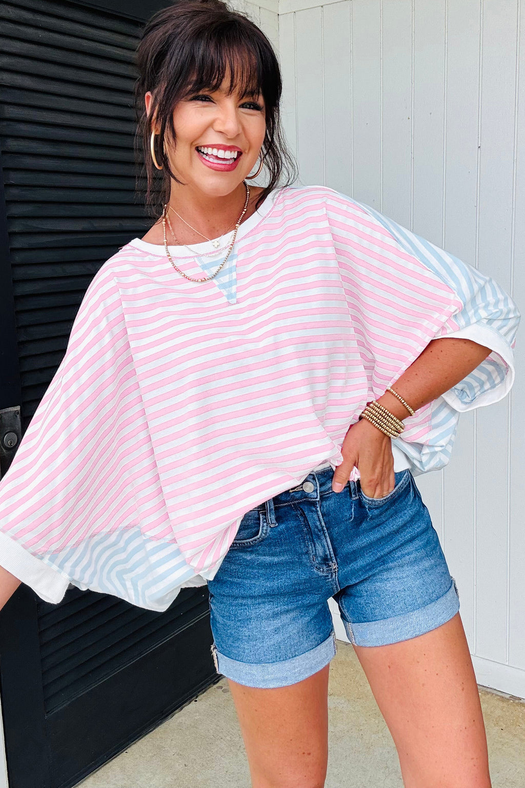 Casual red stripe oversize Dolman sleeve patchwork T-shirt by Dear-Lover, made of cotton and elastane, featuring a relaxed fit and bold stripe design.