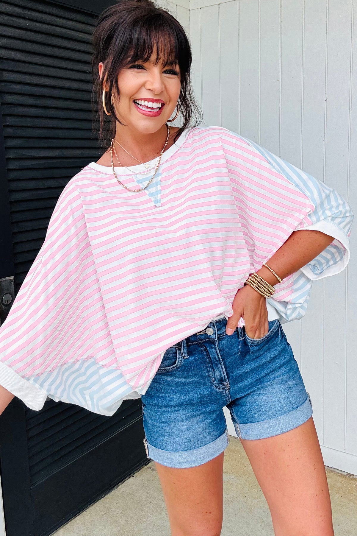 Casual red stripe oversize Dolman sleeve patchwork T-shirt by Dear-Lover, made of cotton and elastane, featuring a relaxed fit and bold stripe design.