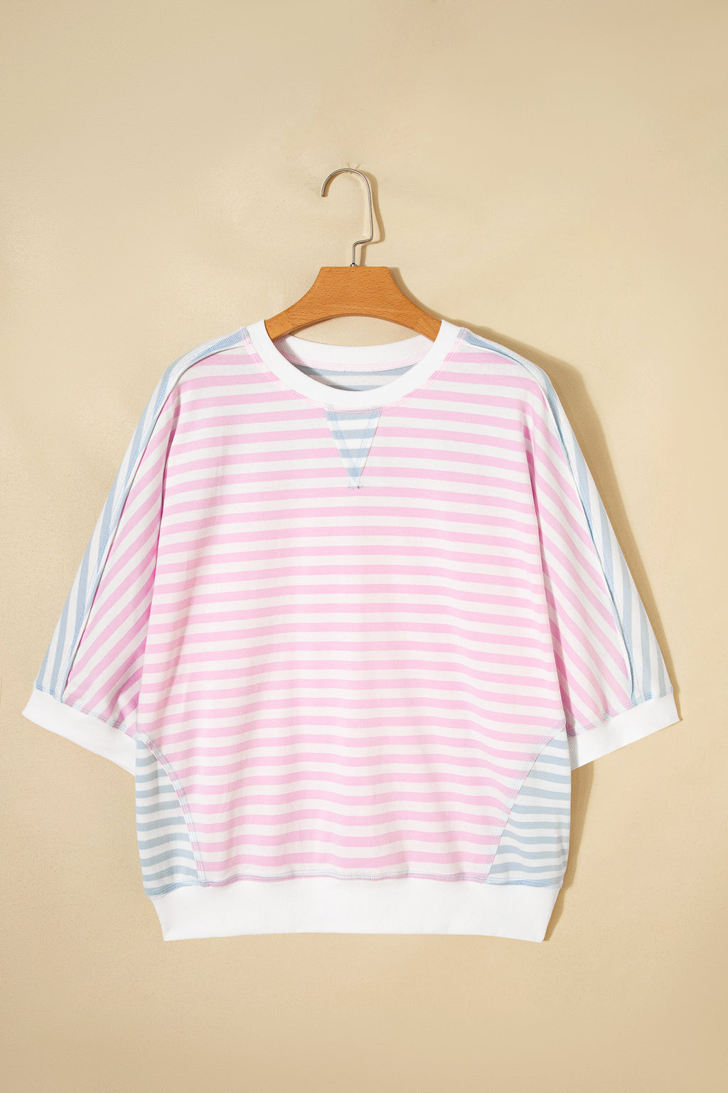 Red stripe casual oversize Dolman sleeve patchwork T-shirt by Dear-Lover Dropshipping, made of cotton and elastane.