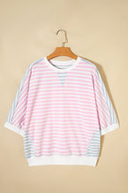 Red stripe casual oversize Dolman sleeve patchwork T-shirt by Dear-Lover Dropshipping, made of cotton and elastane.
