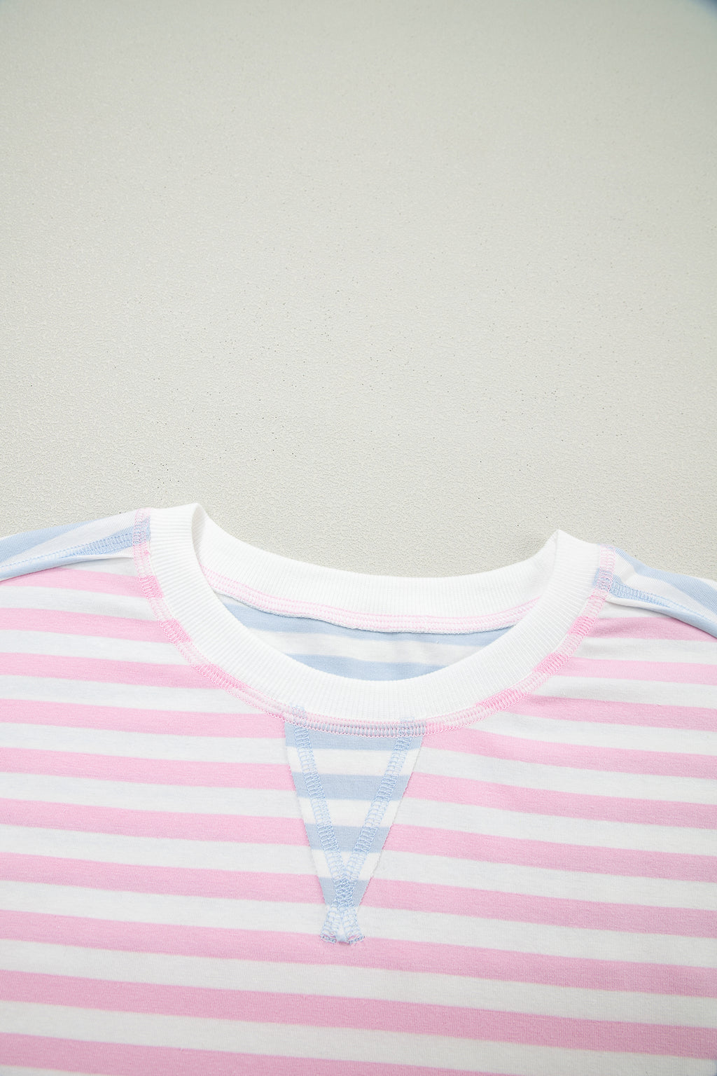 Red and white striped casual oversized Dolman sleeve patchwork T-shirt by Dear-Lover, made of cotton and elastane fabric.