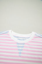 Red and white striped casual oversized Dolman sleeve patchwork T-shirt by Dear-Lover, made of cotton and elastane fabric.