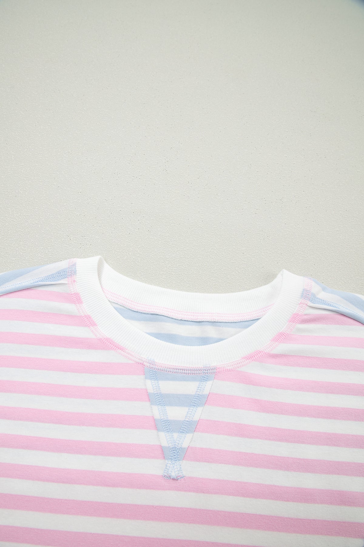 Red and white striped casual oversized Dolman sleeve patchwork T-shirt by Dear-Lover, made of cotton and elastane fabric.