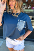 Sail blue color block casual short sleeve top with chest pocket and patches, made of cotton and elastane from Dear-Lover Dropshipping.
