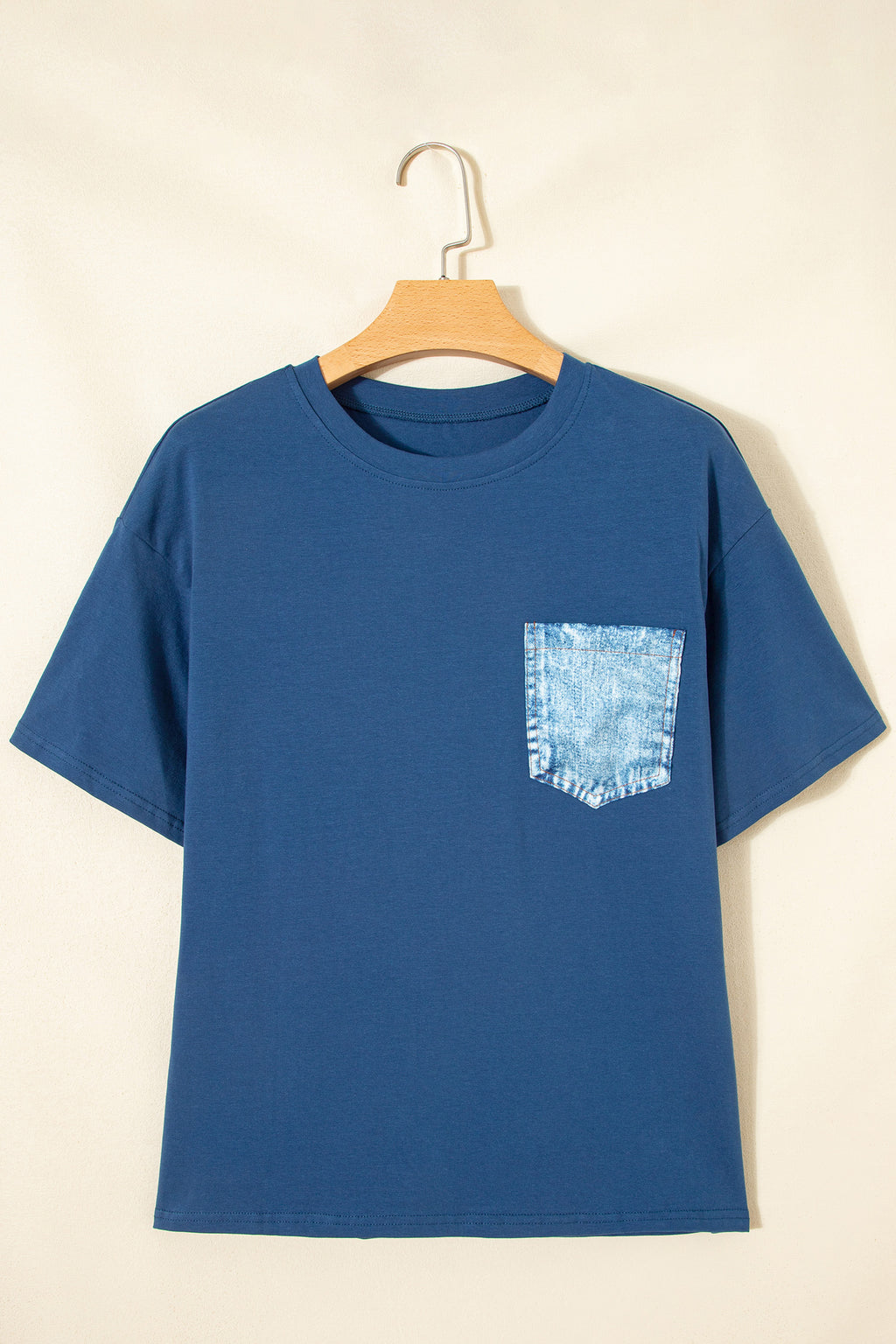Sail Blue color block casual short sleeve top by Dear-Lover with chest pocket and patched detail, made of cotton and elastane.