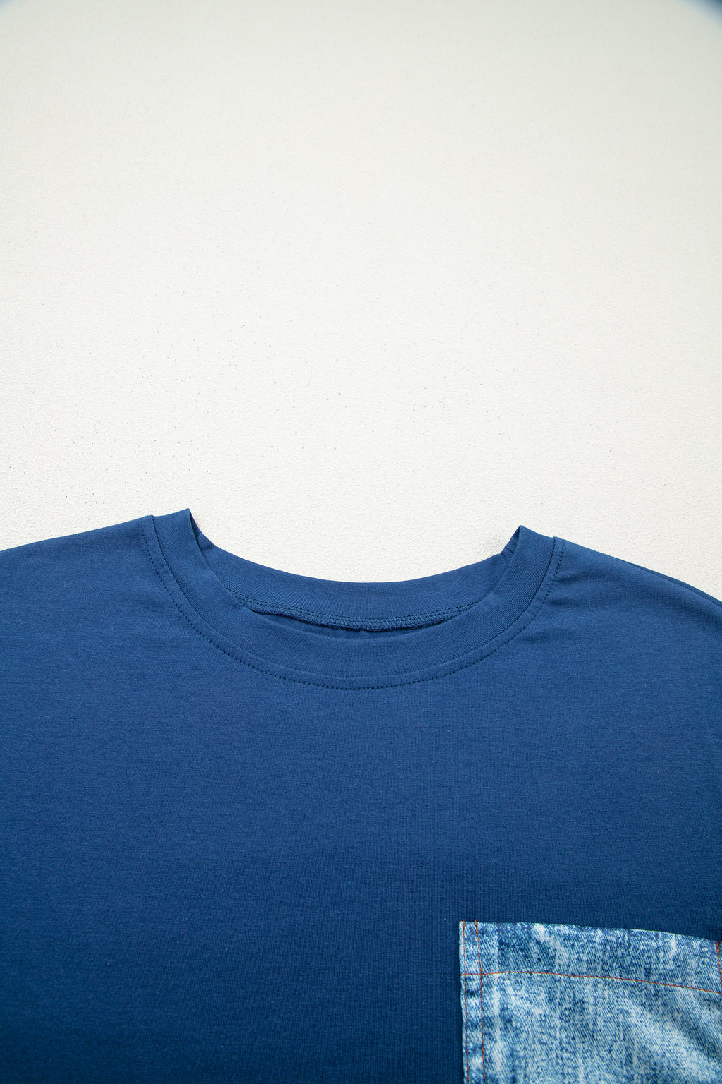 Sail blue color block casual short sleeve top with chest pocket patches, made of cotton and elastane, from Dear-Lover.
