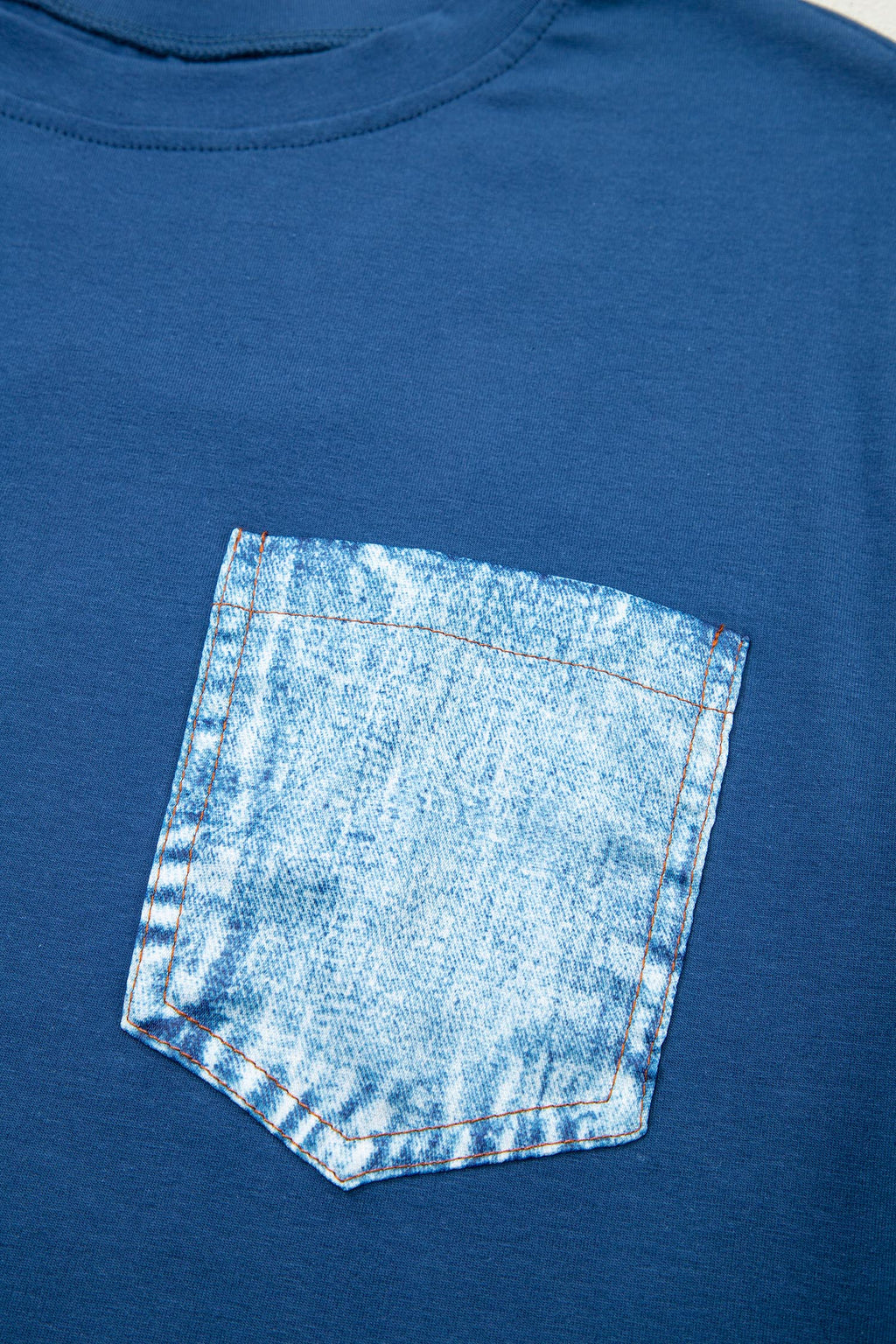 Sail Blue color block casual short sleeve top with chest pocket and patch details, made of cotton and elastane, by Dear-Lover.