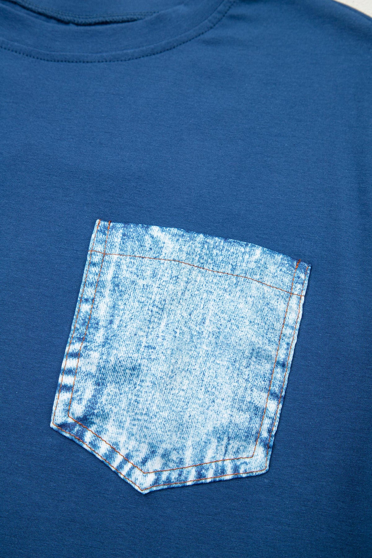Sail Blue color block casual short sleeve top with chest pocket and patch details, made of cotton and elastane, by Dear-Lover.
