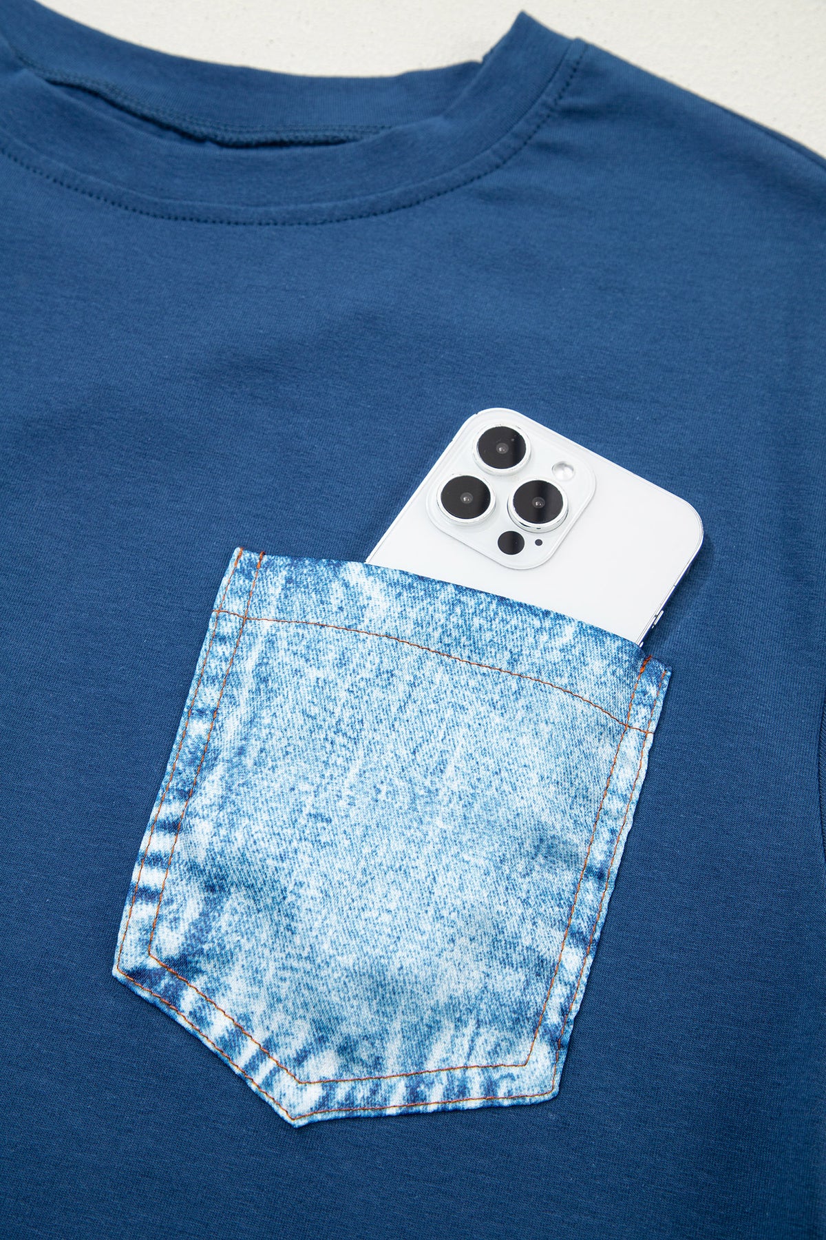 Dear-Lover Sail Blue Color Block Short Sleeve Top with chest pocket and patch details, casual cotton-elastane blend for comfort.