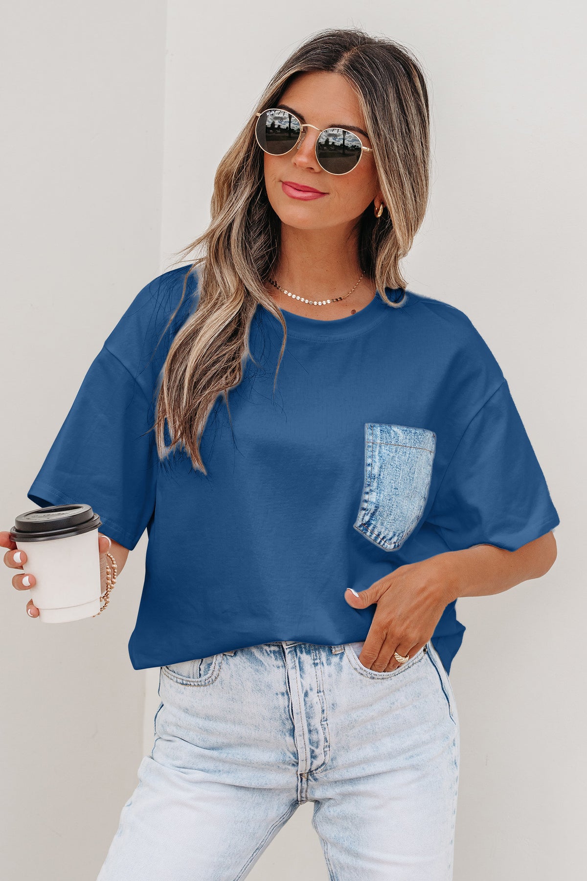 Sail blue color block casual short sleeve top with chest pocket and patch details, made of cotton and elastane, by Dear-Lover.