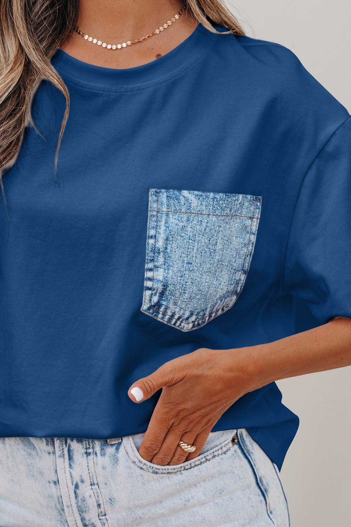 Sail blue cotton and elastane casual short sleeve top with color block design, chest pocket, and patch details by Dear-Lover.