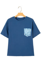 Sail blue color block casual short sleeve top with chest pocket and patches, made of cotton and elastane, by Dear-Lover.