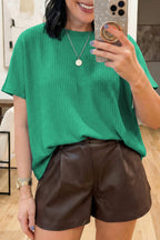 Sea green waffle textured knit dolman short sleeve top by Dear-Lover, loose fit, lightweight knit, casual women's tee.