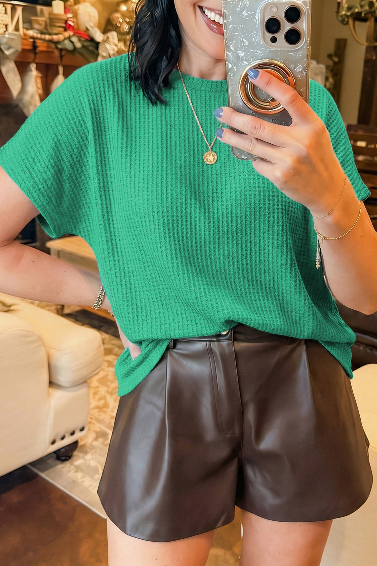 Sea green waffle textured knit dolman short sleeve top by Dear-Lover, loose fit, lightweight knit fabric, casual style.