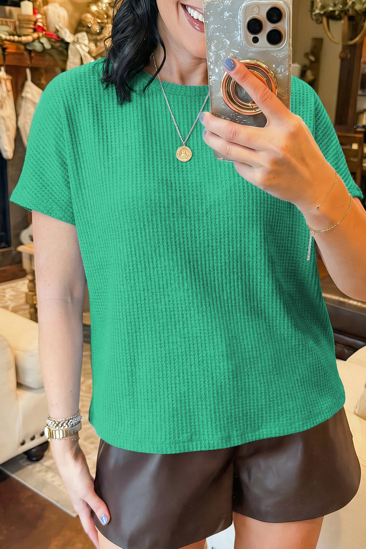 Sea green waffle textured knit dolman short sleeve top from Dear-Lover, loose fit, lightweight knit fabric, casual women's tee