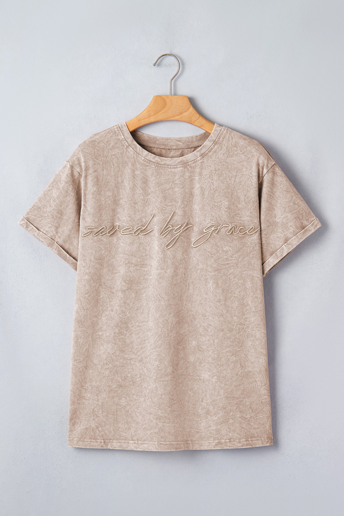 Dear-Lover Dropshipping Mineral Washed Cotton T-shirt in smoke gray, casual style, soft 100% cotton, with "Saved by Grace" print.