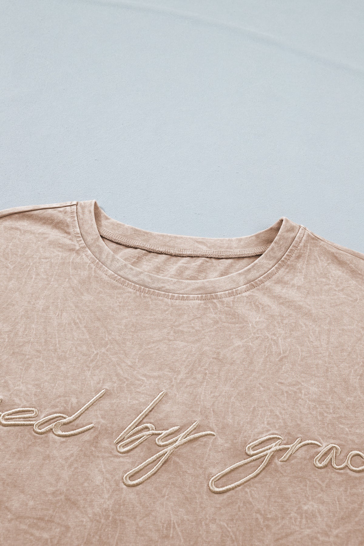 Smoke gray Dear-Lover mineral washed cotton T-shirt, casual style, lightweight and soft, with "Saved by Grace" print.