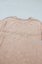 Smoke gray Dear-Lover casual T-shirt made of 100% mineral washed cotton, featuring a comfortable fit and "Saved by Grace" design.