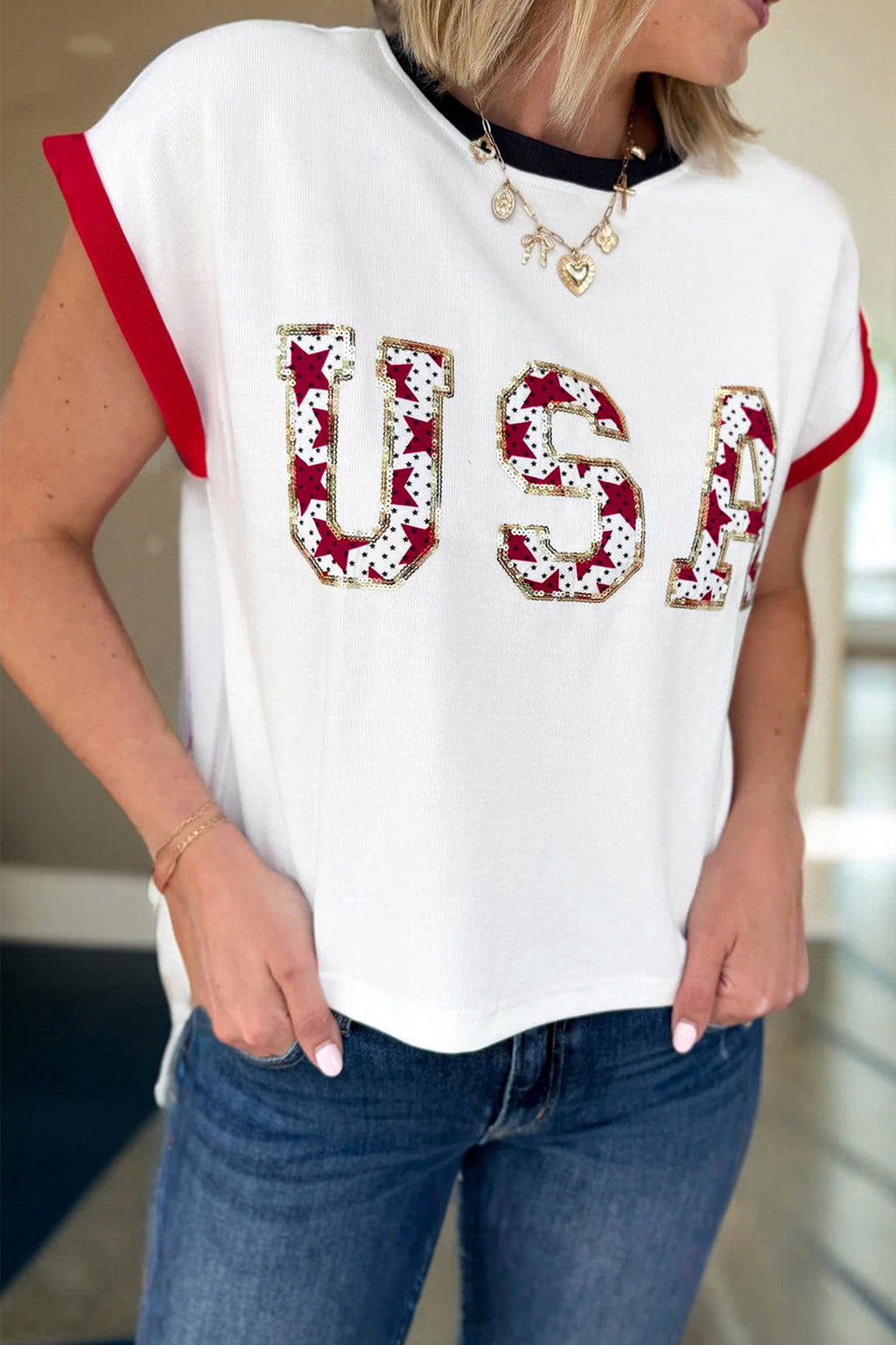 White USA sequin color block trim loose T-shirt by Dear-Lover, featuring cotton-elastane blend, casual fit, and modern design.