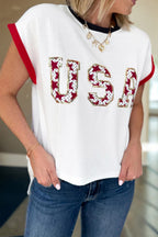 White USA sequin color block trim loose T-shirt by Dear-Lover, featuring cotton-elastane blend, casual fit, and modern design.