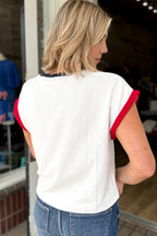 White USA sequin color block trim loose T-shirt from Dear-Lover Dropshipping, featuring cotton and elastane fabric with casual fit.