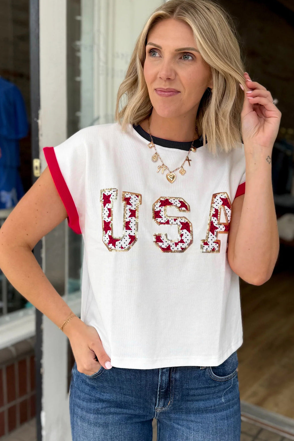 White USA Sequin Color Block Trim Loose T-Shirt from Dear-Lover, featuring a casual fit, sequin accents, and color block design.