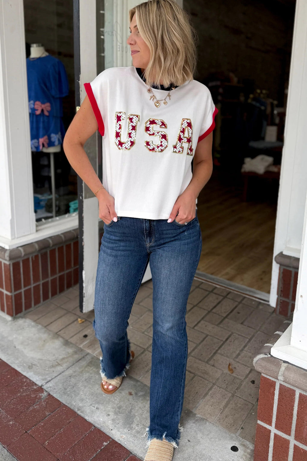 White USA sequin color block trim loose T-shirt by Dear-Lover, featuring cotton-elastane blend and casual fit.