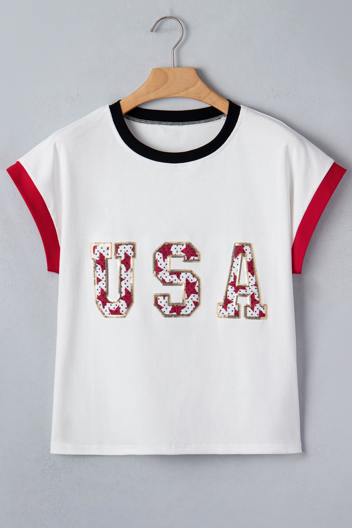 White USA Sequin color block trim loose T-shirt by Dear-Lover Dropshipping, featuring a casual fit with sequin accents and color blocking.