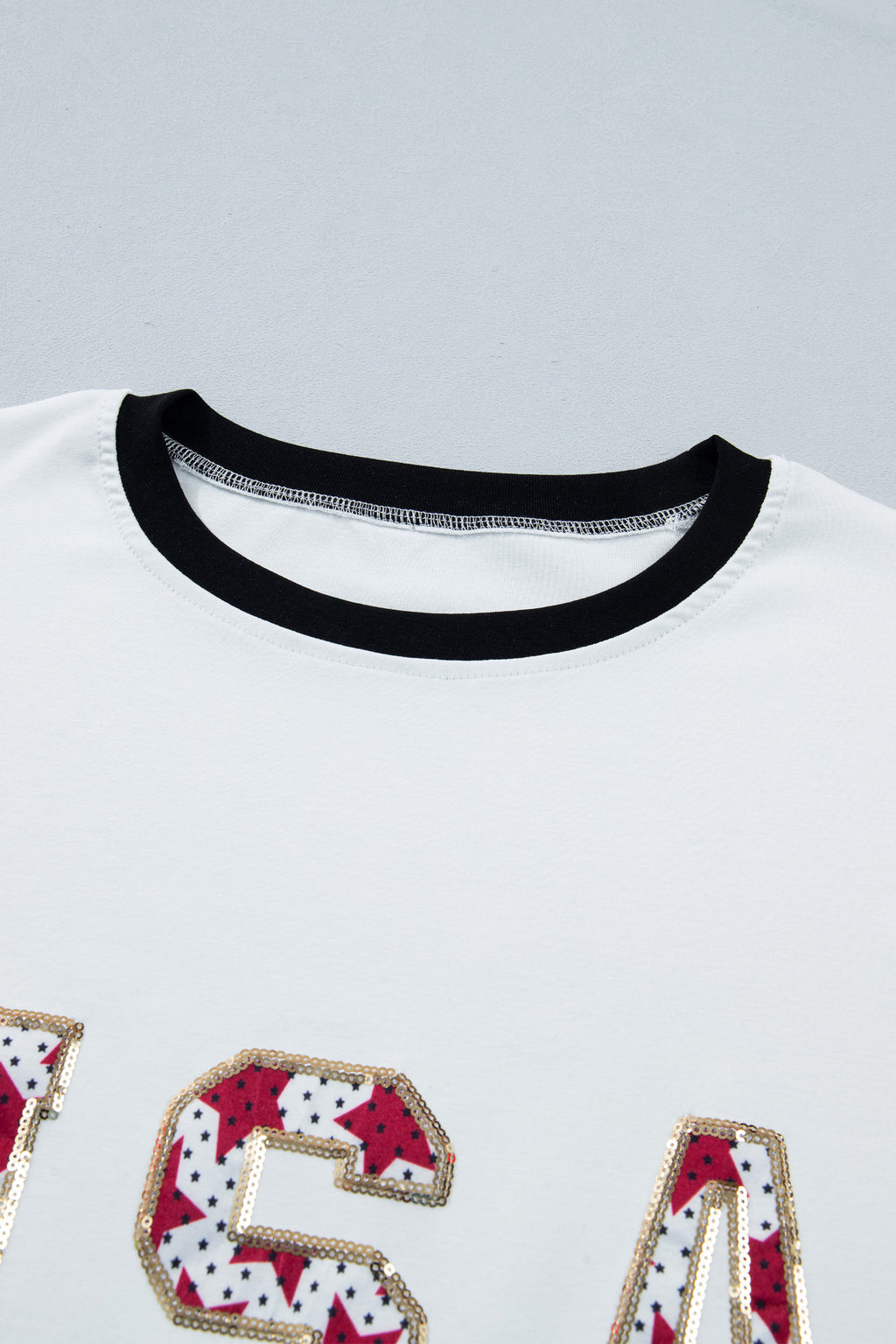White USA sequin color block trim loose T-shirt by Dear-Lover, featuring cotton-elastane blend and casual fit.