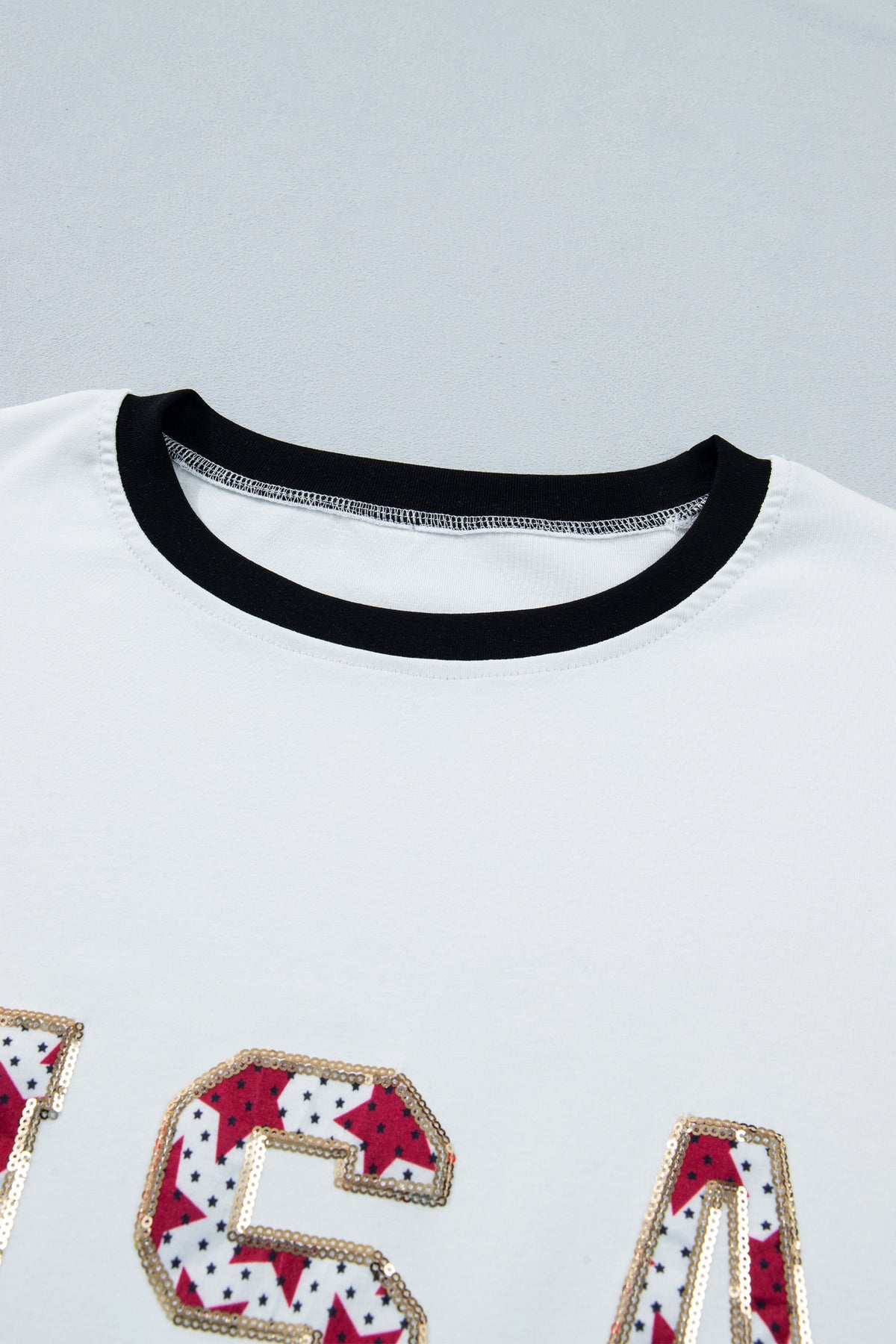 White USA sequin color block trim loose T-shirt by Dear-Lover, featuring cotton-elastane blend and casual fit.