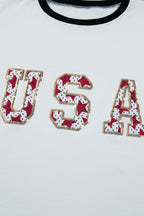 White USA Sequin color block trim loose T-shirt by Dear-Lover, casual cotton blend top with vibrant sequin accents.