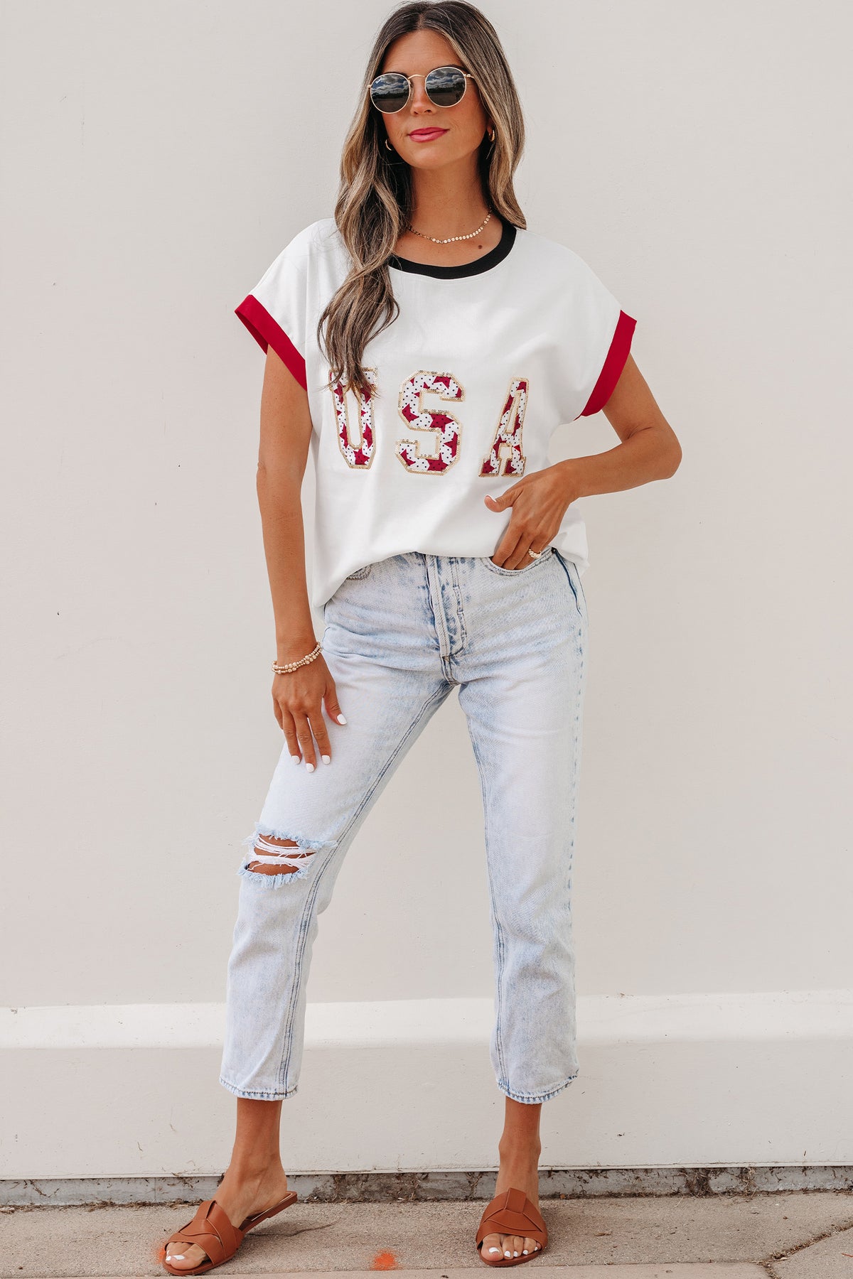 White USA sequin color block trim loose T-shirt from Dear-Lover, featuring a casual fit, cotton-elastane fabric, and stylish design.