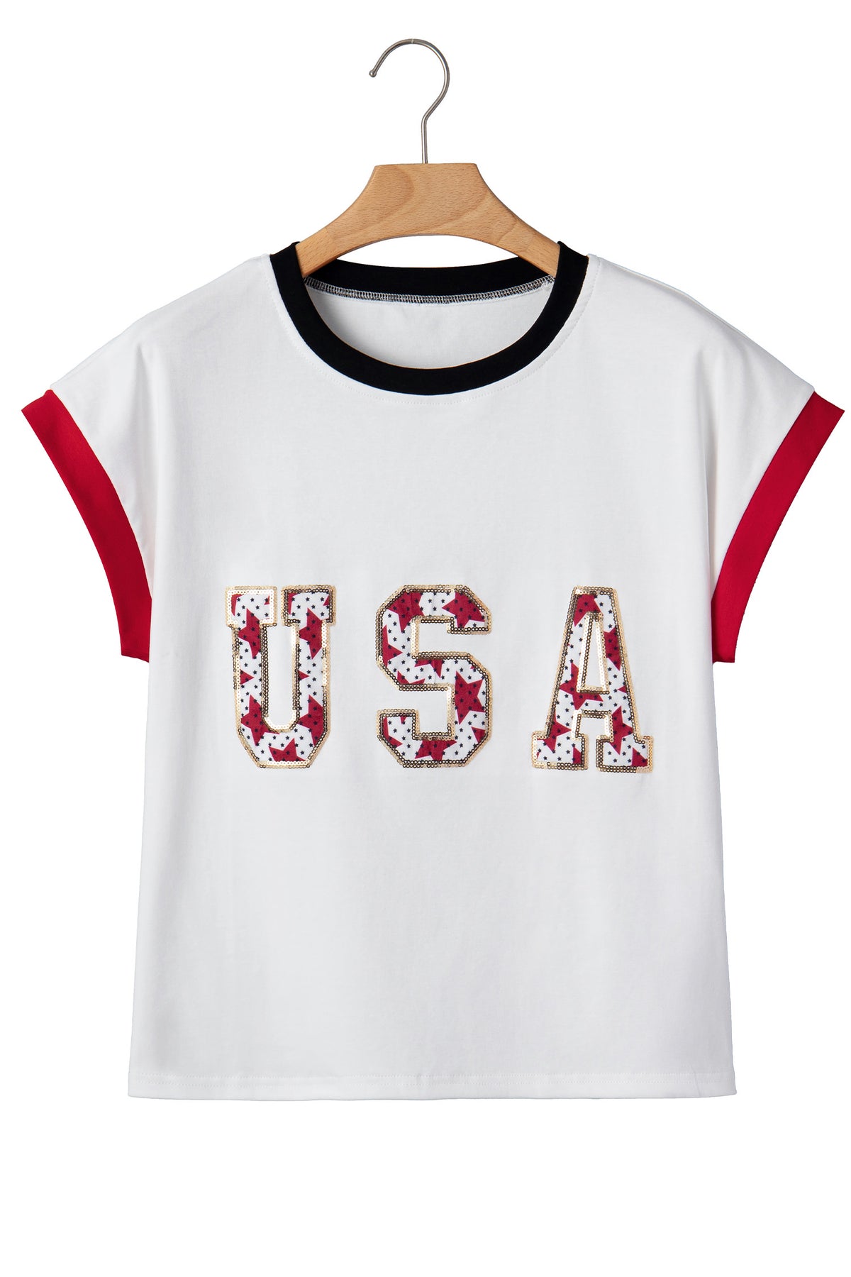 White USA sequin color block trim loose T-shirt by Dear-Lover, featuring a relaxed fit and casual style with sequin accents.