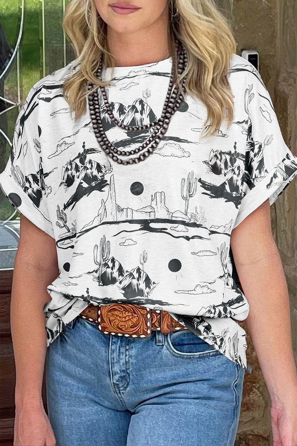 White Desert Sand print short sleeve knit top by Dear-Lover, featuring lightweight polyester and elastane fabric, casual and stylish.