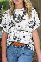 White Desert Sand print short sleeve knit top by Dear-Lover, featuring lightweight polyester and elastane fabric, casual and stylish.