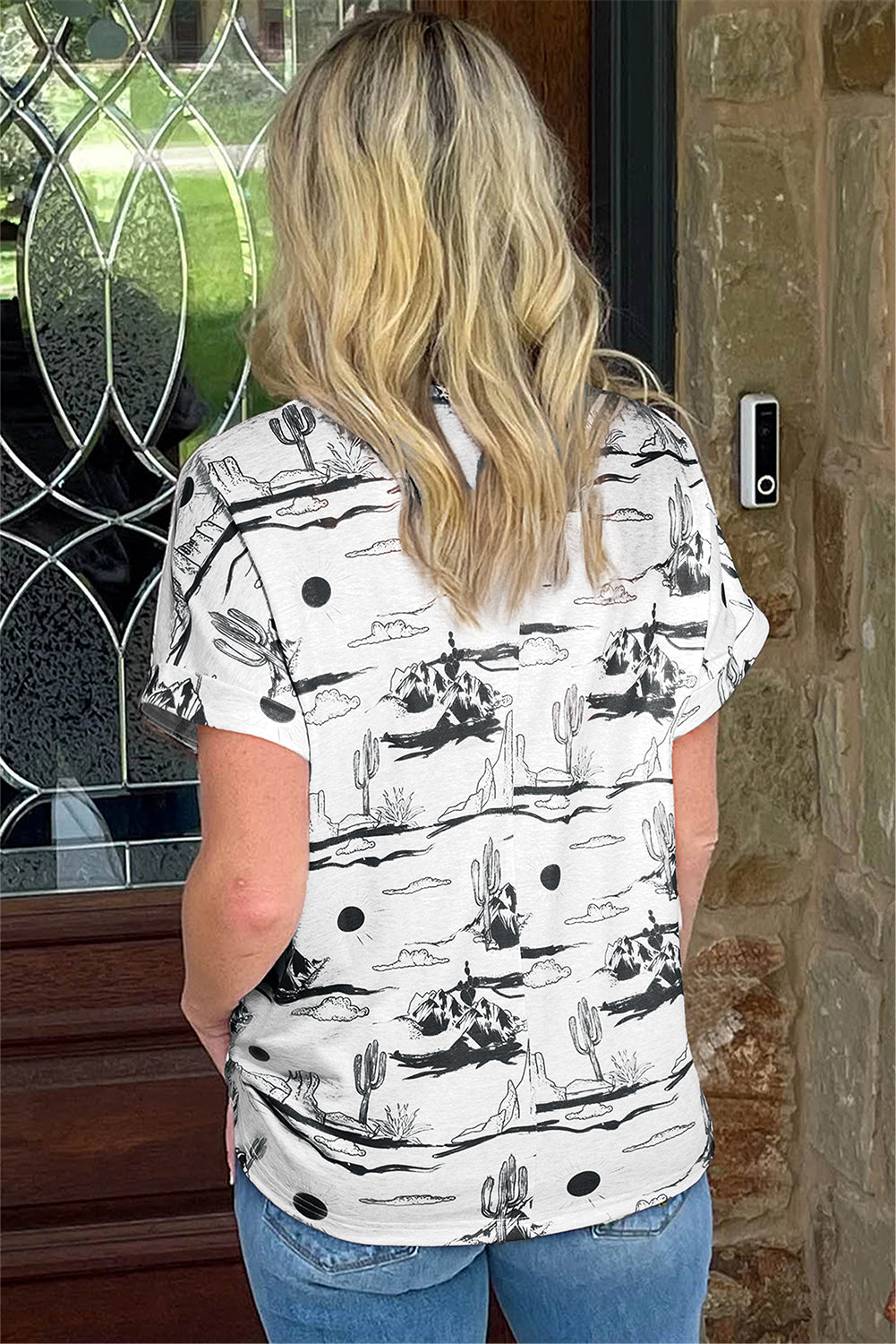White desert sand print short sleeve knit top by Dear-Lover, featuring a comfortable polyester-elastane blend and casual style.