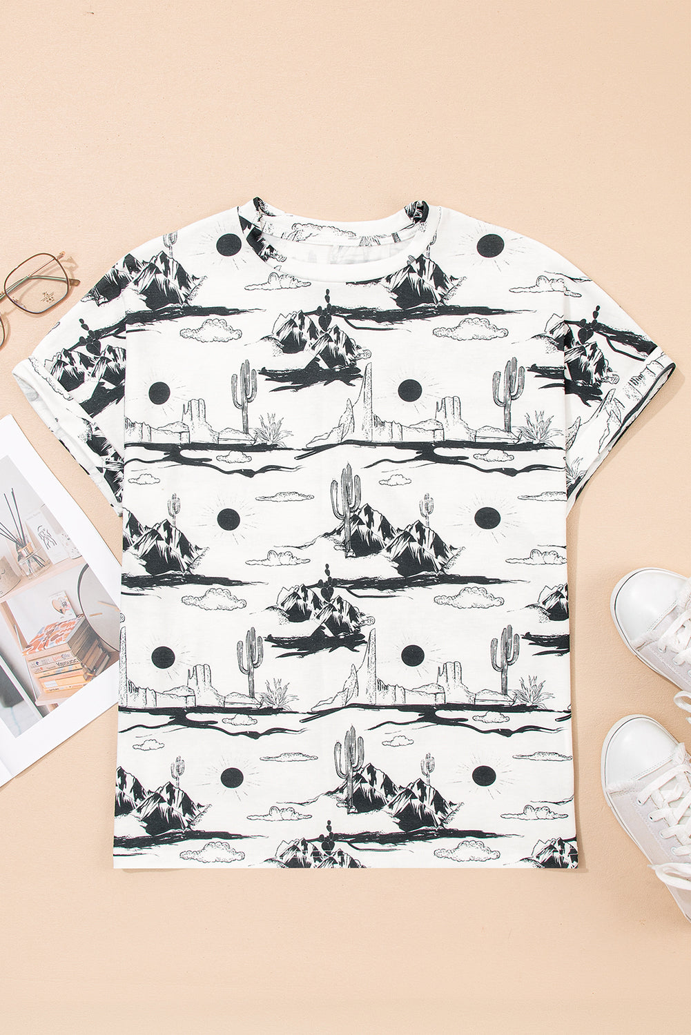 White desert sand print knit top by Dear-Lover, short sleeve, polyester and elastane blend, casual women's tee.